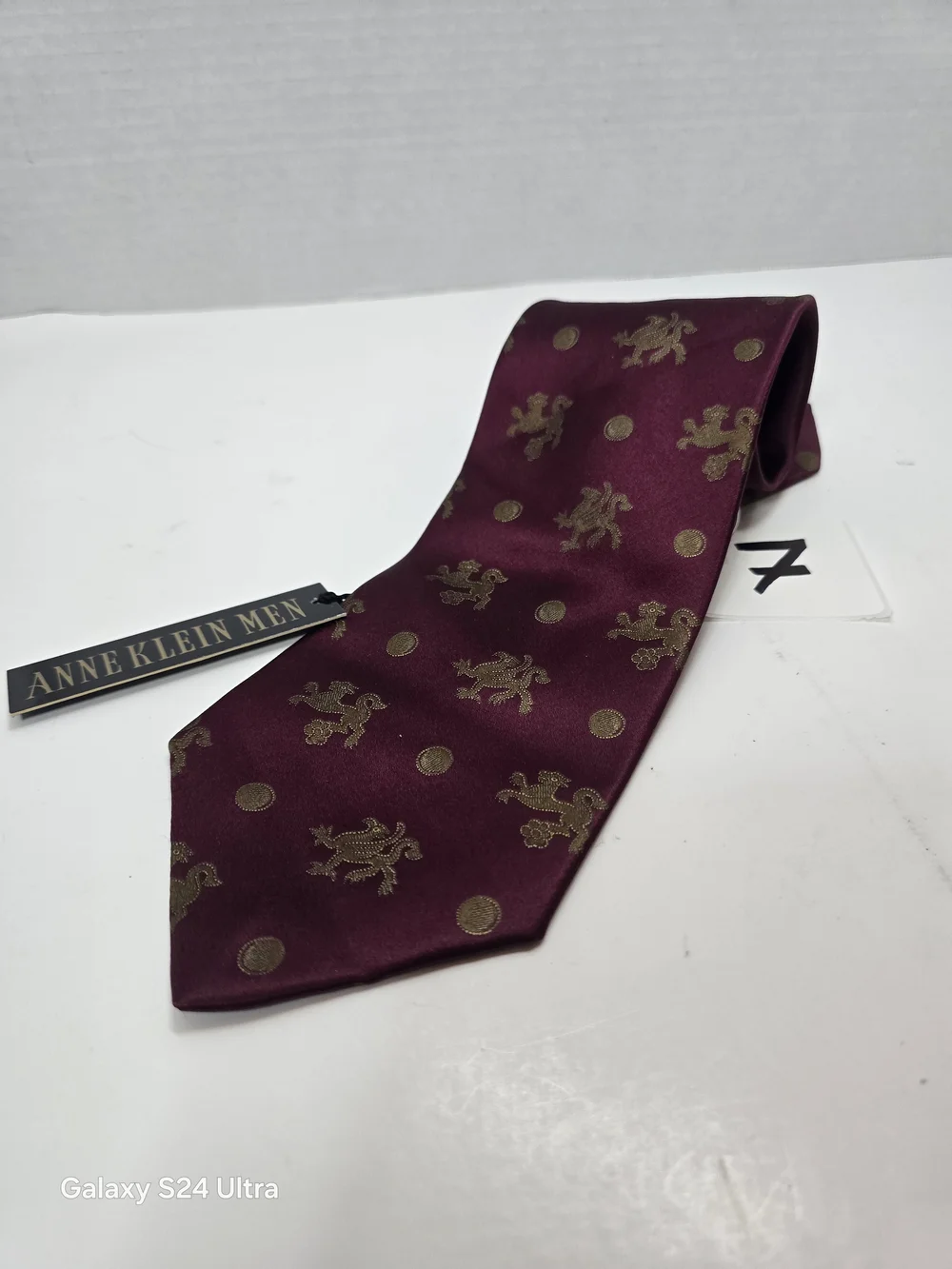 Anne Klein Men Burgundy Tie with Gold Crest Motif